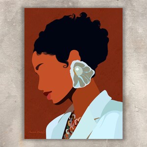 May include: Illustration of a woman with dark hair and brown skin, wearing a white blazer and a large, light-colored earring. The background is a solid reddish-brown. The artwork has a minimalist style.