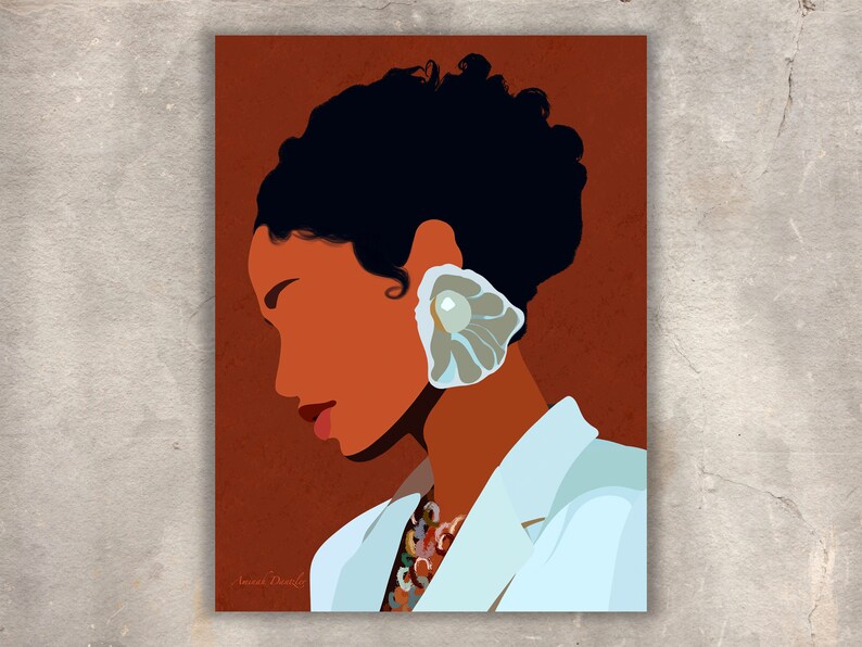 May include: Illustration of a woman with dark hair and brown skin, wearing a white blazer and a large, light-colored earring. The background is a solid reddish-brown. The artwork has a minimalist style.