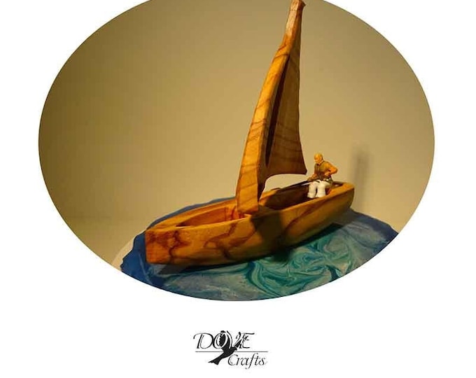 Sailing Boat, Miniature with Olive wood grains, Special Sail Effect, Hand Crafted