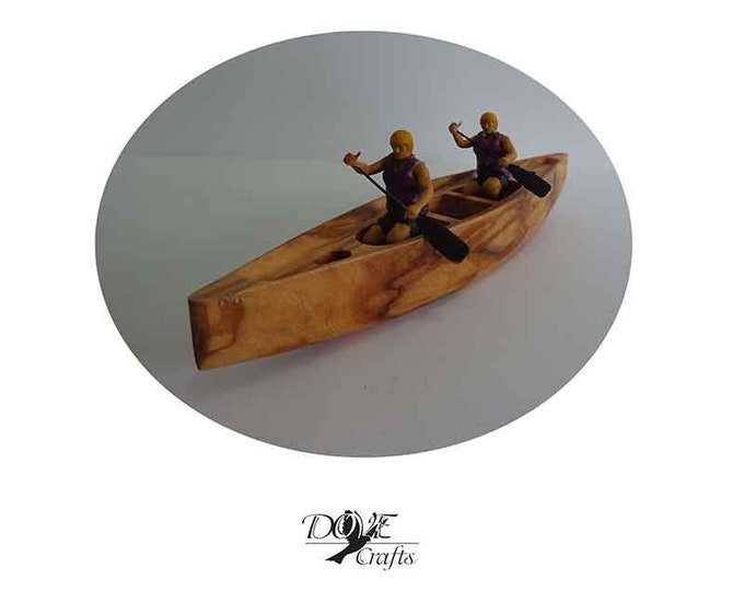 Wooden Canoe Boat 2 or 4 seaters, Olive wood (Miniature), Hand Crafted, Hand Painted Figures