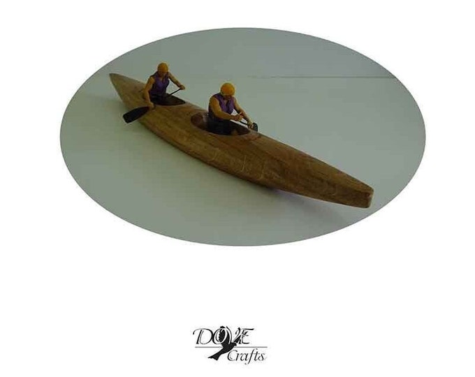 Wooden Kayak, Oak wood, hand crafted one or two rowers, Kayak wooden model with personalisation & hand painted resin figures