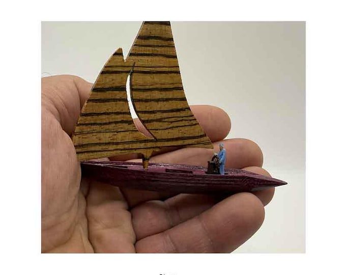 Tiny Sailing Boat and smallest tiny captain Resin Figure, Boat Made of Exotic Wood, Hand Crafted