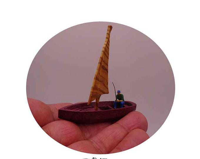 Minature Boat/sailing boat/Rowing Boat/Fishing Boat, Made of Zebrono/Purpleheart/wild mango Wood, Hand Crafted, Hand, painted Resin Figures