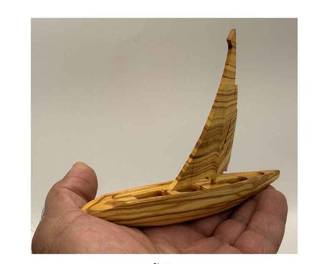 Luxury long Sailboat, cureved  Sail, Olive wood, Resin Captain and Sailors, Hand Crafted