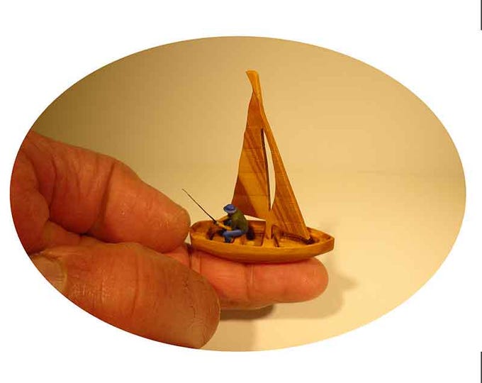 Christmas Great Offer Miniature Olive Wood Boat, Hand-Painted Resin Fisher man Figure, Tiny Ornament