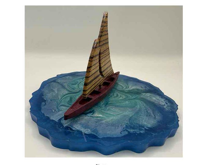 Miniature Sailing Boat, Made of Exotic Wood, Resin Figure, Hand Crafted