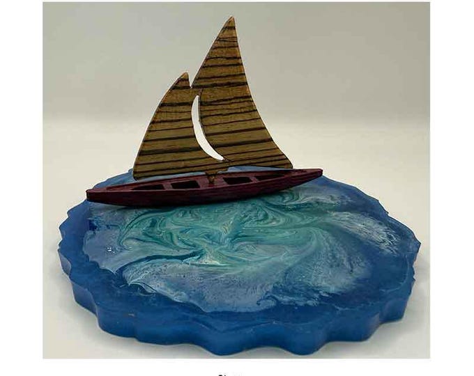 Miniature Sailing Boat, Made of Exotic Wood, Resin Figure, Hand Crafted
