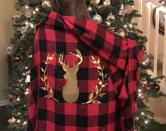 Deer Blanket, Holiday Throw Blanket, Antlers, Buffalo Plaid, Christmas Blanket, Christmas Decor, Gifts For Her
