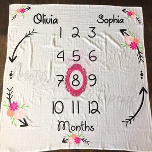 Month to Month Baby Blanket, Twin Girl Milestones, Monthly Baby Pictures, Baby Blanket, Swaddle Blanket, Name Blanket, Baby Girl Twin Gifts