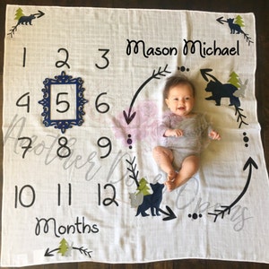 Maandelijks babydekentje, Mijlpalen babyjongen, maandelijkse babyfoto's, babydekentje, groeigrafiek baby, bosdieren
