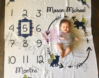 Month to Month Baby Blanket, Baby Boy Milestones, Monthly Baby Pictures, Baby Boy Blanket, Baby Growth Chart, Woodland Animals