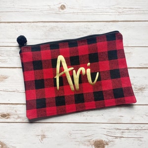 Büffel karierte Tasche, Clutch, Schminktasche, personalisierte Geschenke, Monogramm, Geschenke für Sie, Camping, Reisetasche, Mama Bär