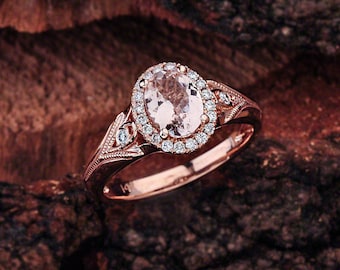 Halo Engagement Ring with Oval Cut Morganite 14K Rose Gold