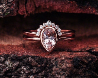 Morganite Engagement Ring Set Rose Gold / Teardrop Pear Shape Bridal Set / Matching Band Wedding Ring / Bezel Ring Setting