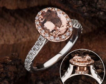 Oval Cut Natural Genuine Morganite Halo Engagement Ring, Halo Morganite Rose White Engagement Ring, Morganite Rose White Ring, Morganite