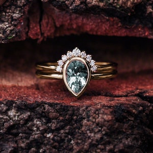 Aquamarine Engagement Ring Set Rose Gold / Teardrop Pear Shape Bridal Set / March Birthstone / Blue Gemstone / Matching Band Wedding Ring