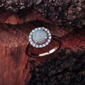 Opal Engagement Ring Rose Gold, Opal Rose Gold Engagement Ring, Opal Halo Engagement Ring Rose Gold, Rose Gold Opal Halo Engagement Ring