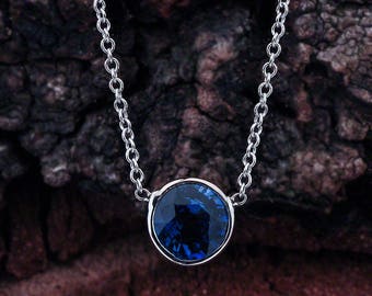 Blue Sapphire Bezel Pendant Necklace White Gold, Natural Blue Sapphire Necklace, White Gold Necklace Sapphire Pendant, Rolo Chain Necklace