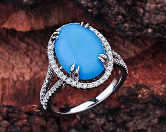 Turquoise Halo Engagement Ring 14K White Gold / Oval Turquoise Halo Engagement Ring / Turquoise White Gold