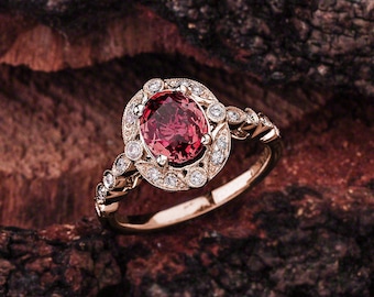 Scalloped Garnet Halo Engagement Ring - 14k white Gold Garnet  Halo Engagement Ring With 8x6 Garnet