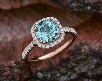 Aquamarine Engagement Ring Rose Gold / March Birthstone Round Cut Halo Engagement Ring / Rose Gold Double Prong Design