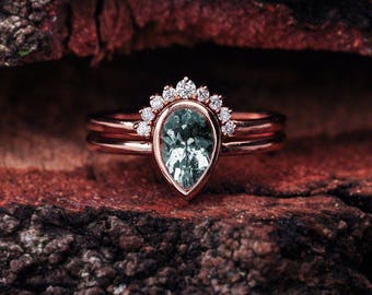 Bridal Engagement Ring Set with Teardrop Aquamarine 14K Gold