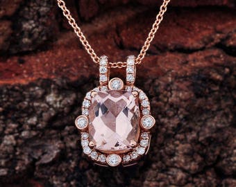 10x8 Cushion Cut Morganite Halo Pendant And Necklace Rose Gold, Rose Gold Pendant Necklace, Morganite Halo Pendant Rose Gold, Chain Necklace