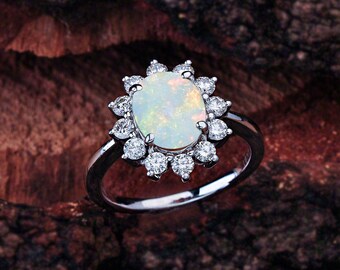 Opal Engagement Ring, Princess Diana Inspired Design, Halo Engagement Ring