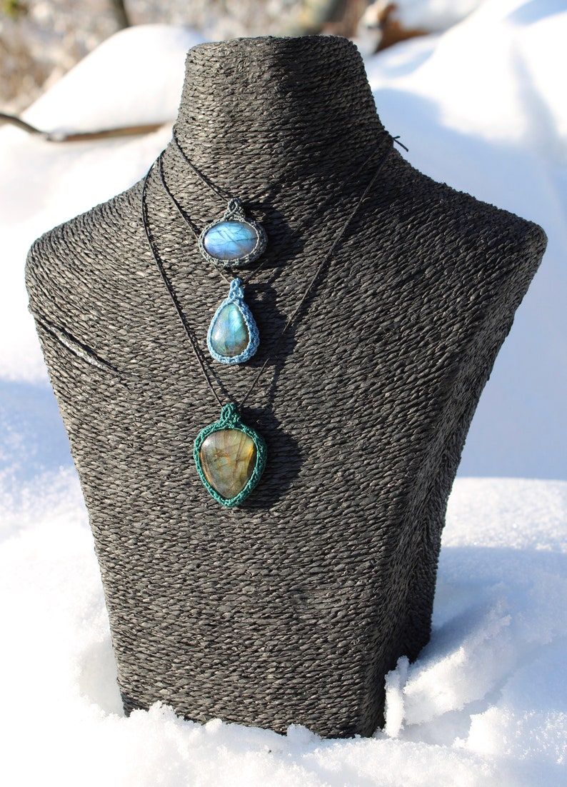 Labradorite-mounted macram\u00e9 pendants