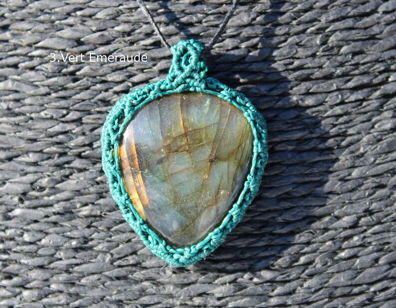 Labradorite-mounted macram\u00e9 pendants