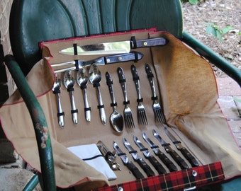 1950's Vintage Utica Camping Silverware Set - In plaid carry case - Starburst pattern - Service for six - Including carving knife, meat fork