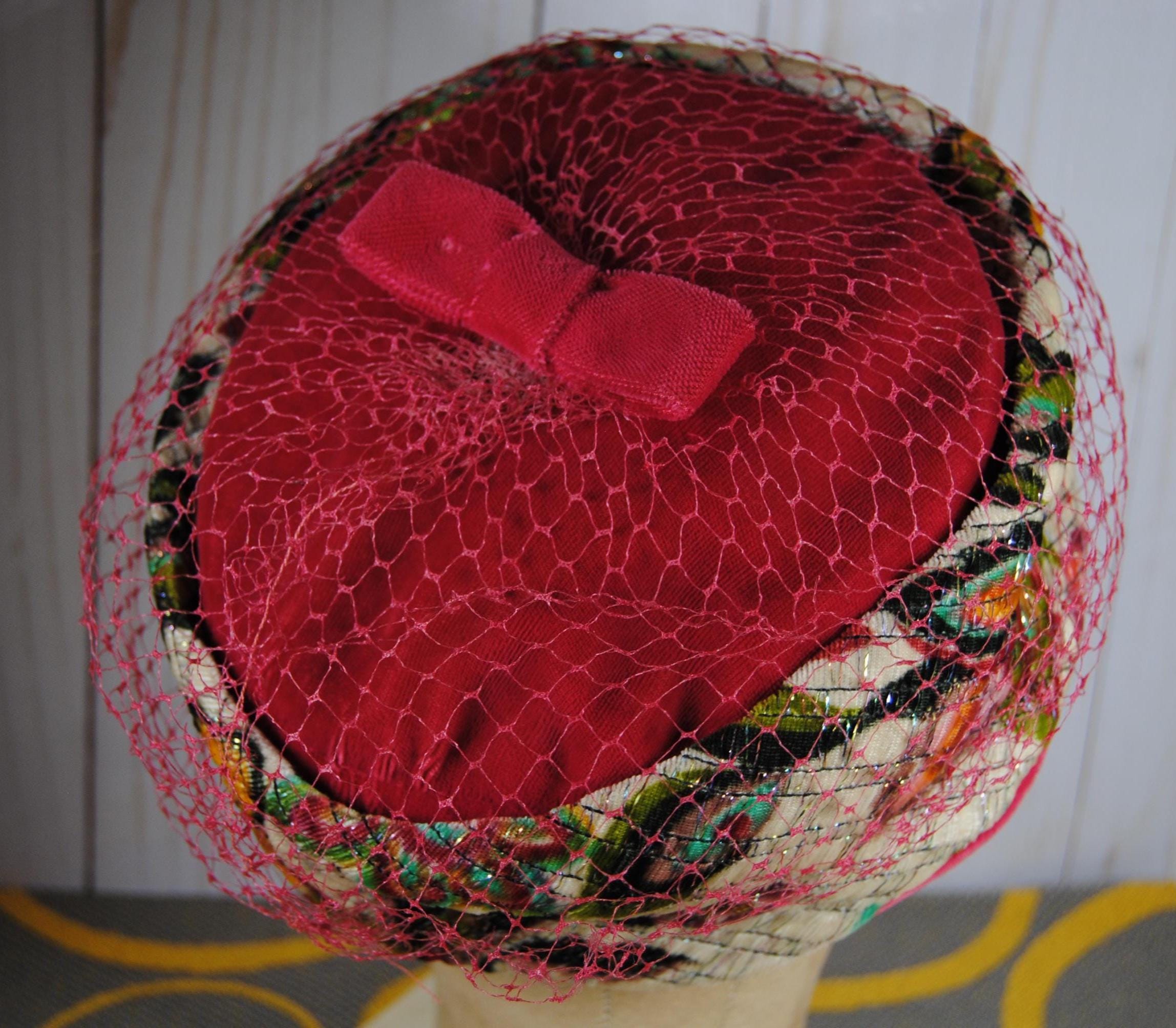 Vintage Red Straw Pillbox Hat with Floral Accent Retro Pillbox Cocktail Hat with Floral Design | Free Shipping! main image 2