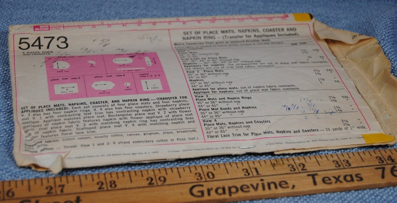 Simplicity 5473 Pattern Two Vintage Simplicity Patterns for Placemats and Napkins - 1970s ...