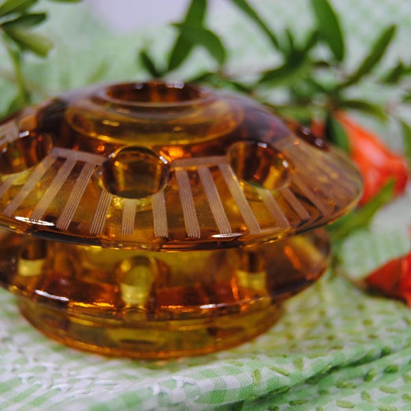 Vintage amber glass floral frog - Etched glass flower holder with 9 holes