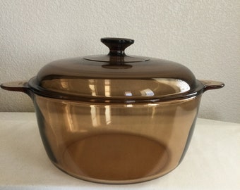 4.5 Liter Vintage Amber Vision Corning Pyrex Glass Stock Pot Dutch Oven w/Lid Made in USA