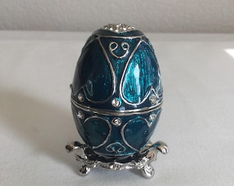 Egg Shape Trinket Box Blue Colors Hearts & Rhinestones Hinged on Stand 2 1/2"