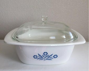 4 Quart Corning Ware Corn Flower Blue Dutch Oven Casserole Baking Dish P-34-B w/Glass Dome Lid