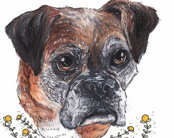 May include: A hand-drawn illustration of a brown and white Boxer dog with a black nose and brown eyes. The dog is looking at the viewer. The illustration is surrounded by a border of green vines with yellow flowers. The text "GERI" is written below the dog.