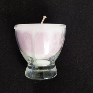 Vintage Handcrafted Wax Crystals Sparkle Candle in 1950&#39;s Etched Glass - 3-1/2&quot; Pink and White