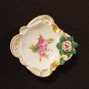 Vintage Dresden Ashtray: Germany - Capodimante Style Roses & Gilded Gold Trim
