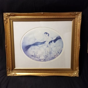 Lady with Wolfhounds by French Artist Louis Icart: Dry Point Etching - Signed