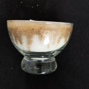 Vtg Handcrafted Wax Crystals Sparkle Candle in 1950&#39;s Etched Glass - 3&quot; x 3-3/4&quot; - Gold and White