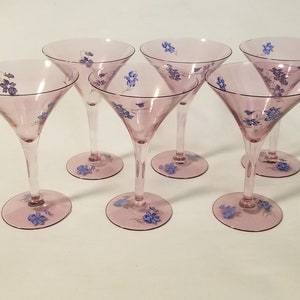Vintage 1960&#39;s - Martini / Cocktail Style Glasses - Violets - Hand Painted Violets on Purple Glasses -  6&quot; Tall - Set of 6