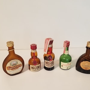 Vintage Kleine / Mini Schnaps / Likör LEERE Flaschen mit Deckeln - 5er-Set - Brendan's Grand Marnier, Courvoisier und Godiva