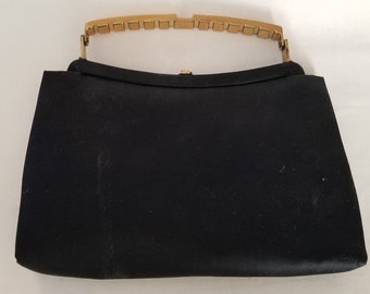 Vintage Ande' Clutch / Purse / Bag: Black Satin with Gold Stiff Handle and Clasp