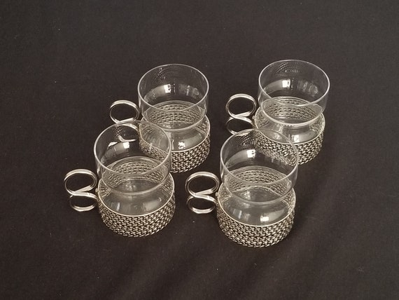 Intricate Unique Glass & Silver Mugs, Coffee Cups - Set of 4: Light and Delicate