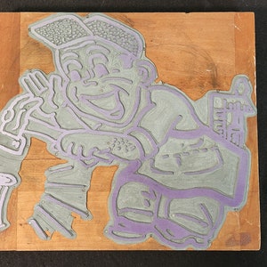 Vintage Letterpress Printers Plate / Block - Cartoon Figure w/ Hammer & Nail - Large