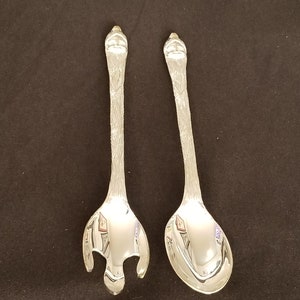 Santa Claus Salad / Serving / Spoon & Fork Utensil Set - 13&quot; Long Silver Plated