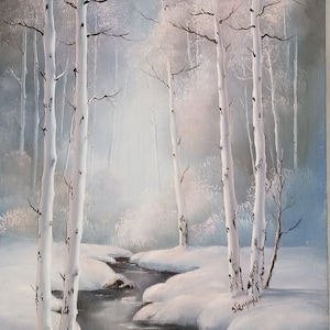 May include: A painting depicting a snowy woodland scene with a stream flowing through it. The trees are white birch trees with black markings. The stream is winding and the snow is white and fluffy. The painting is signed "Stampfer" in the bottom right corner.
