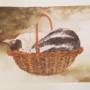 Theda Tara Richards - Cat in Basket - Lithograph Signed & Numbered 51 of 350 - Colorado Artist